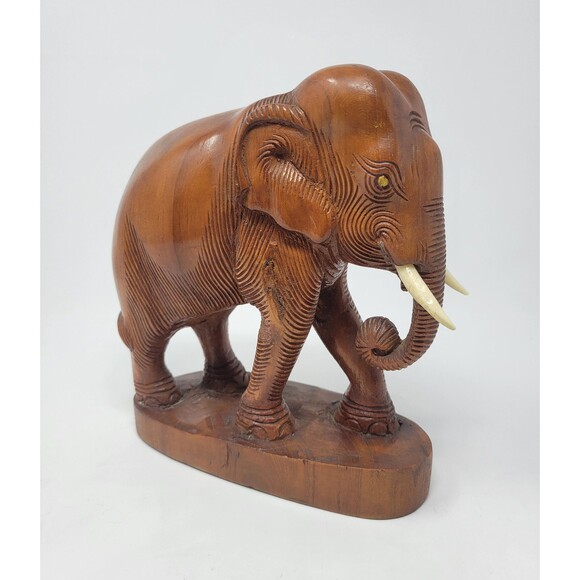 Vintage 8.25" Hand-Carved Solid Wood Elephant Statue - Picture 1 of 9